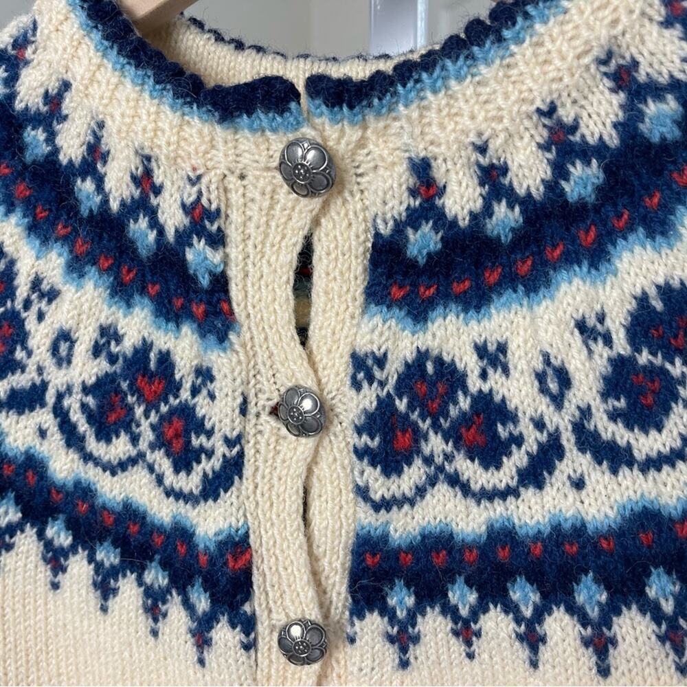 NORSK HUSFLID Vtg 70s Wool Fair Isle Hand knit Fisherman cardigan Blu/Cream, S/M - Picture 9 of 10